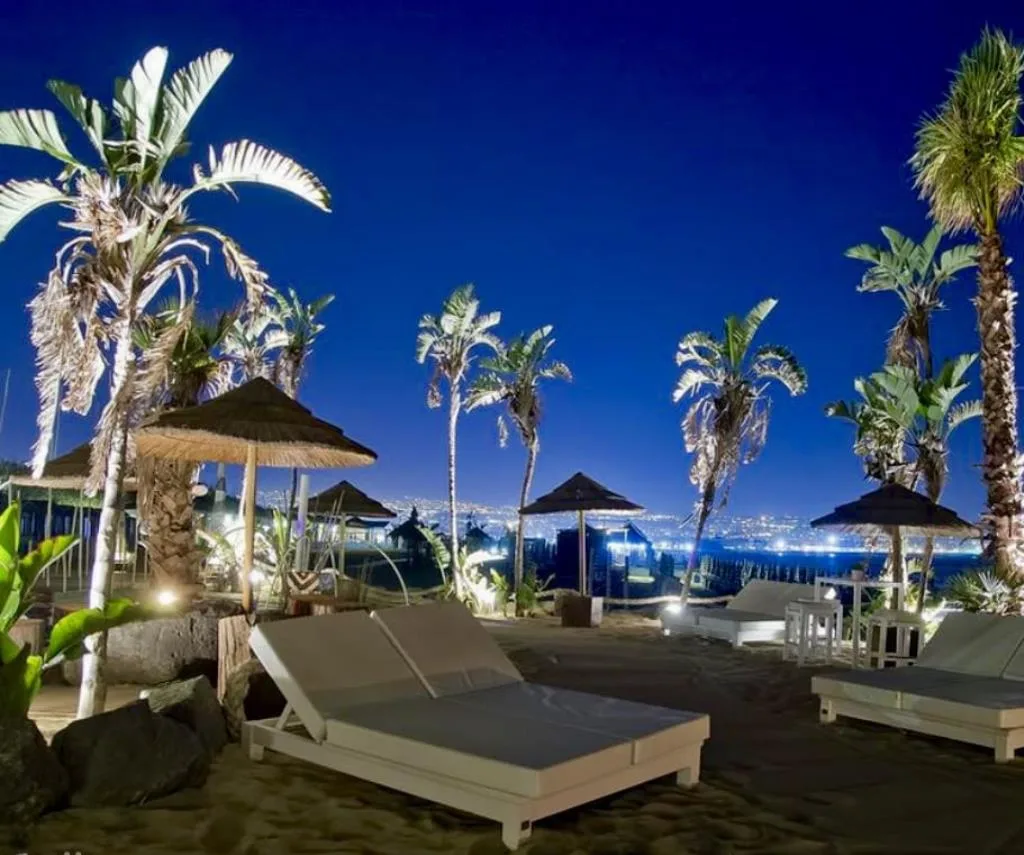 Lettini e palme illuminati di notte in beach club sul mare