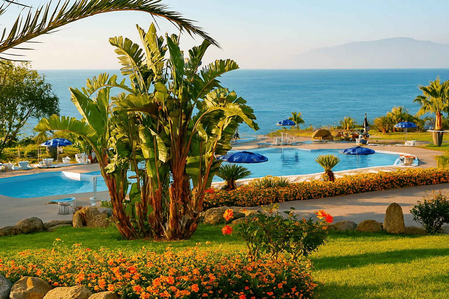 Vista panoramica sul mare con palme, fiori e piscina al tramonto