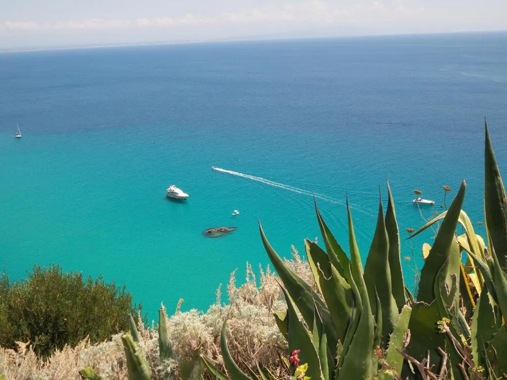Vista sul mare turchese con barche e vegetazione mediterranea in primo piano