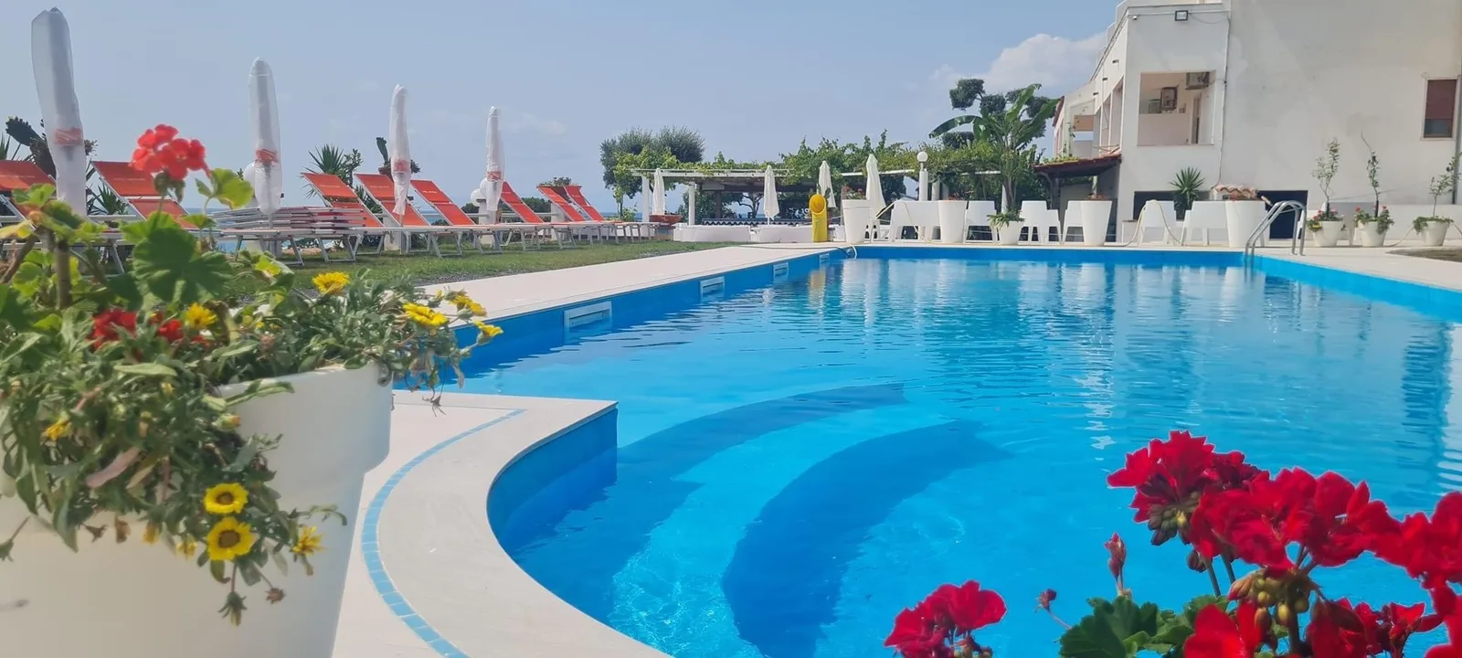 Piscina a forma curva con fiori colorati in primo piano, lettini arancioni e vista mare