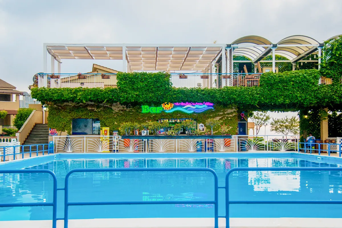 Piscina con bar coperto da vegetazione rampicante e insegna luminosa