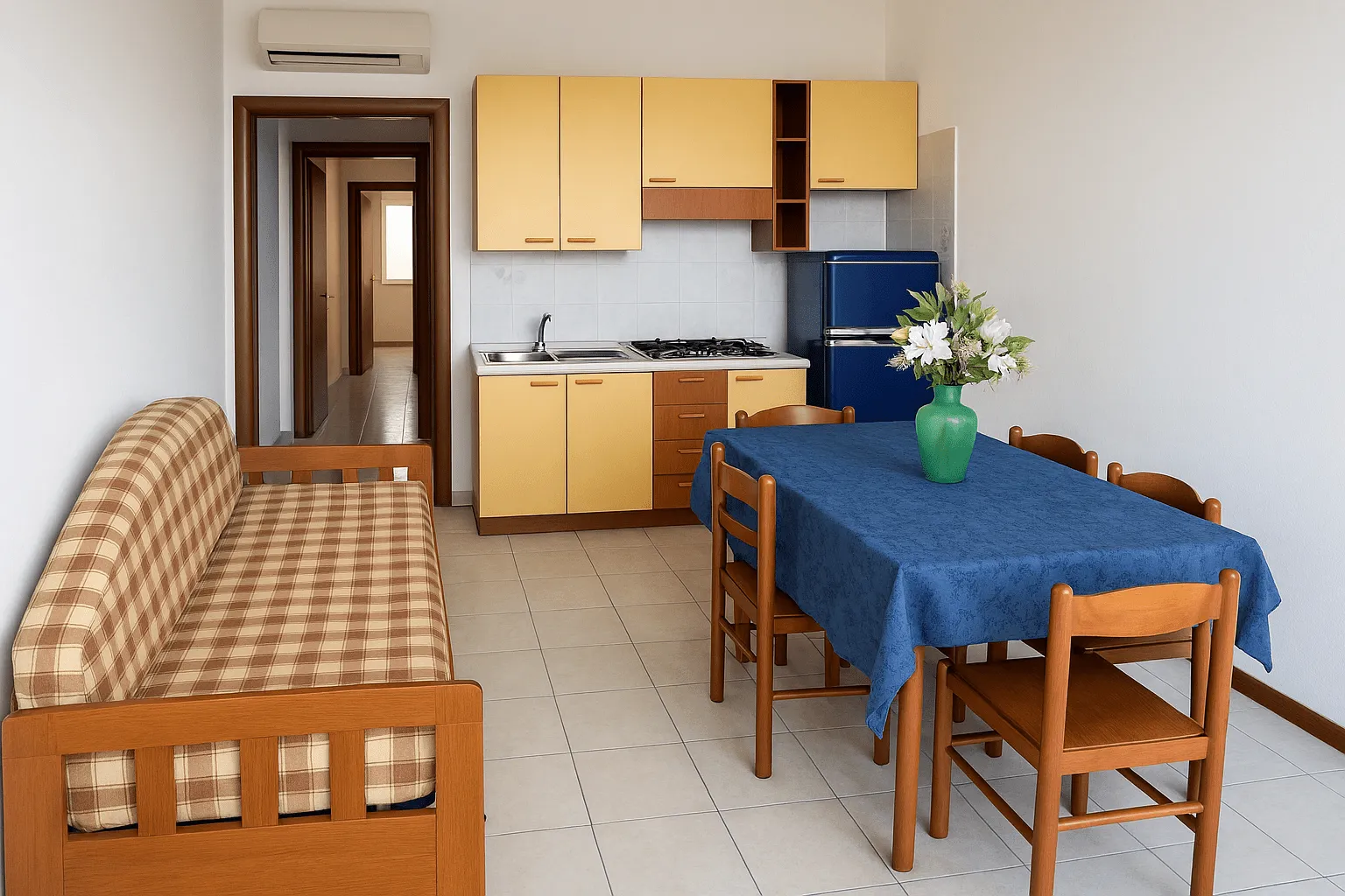 Soggiorno di appartamento con cucina attrezzata, divano e tavolo da pranzo con tovaglia blu