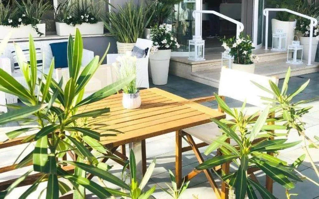 Terrazza con tavolo in legno, sedie e piante verdi in vaso