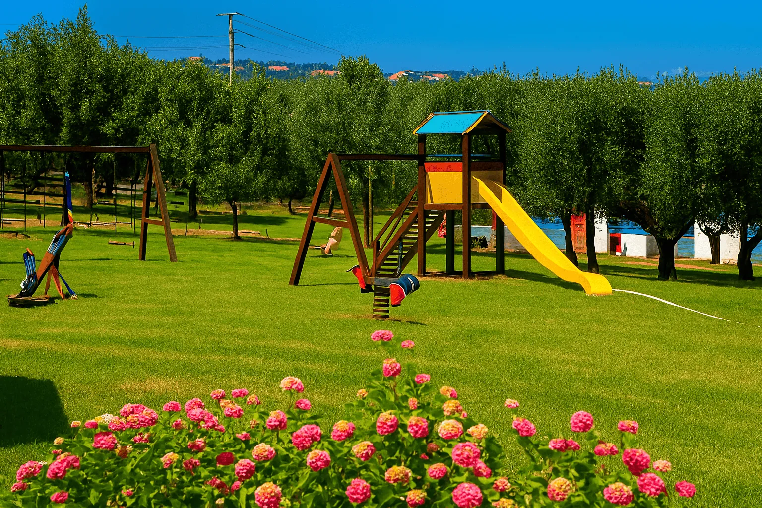 Parco giochi per bambini con scivolo e altalene tra il verde e fiori rosa