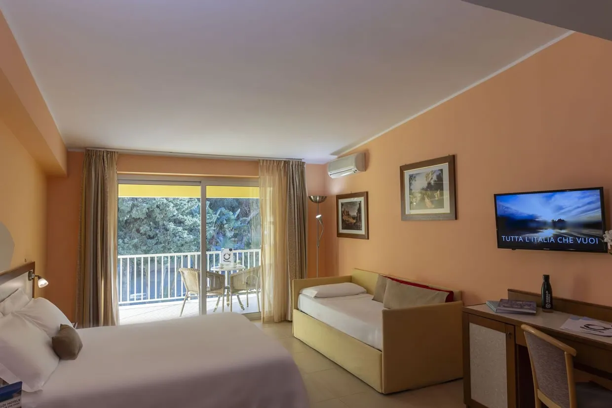 Camera matrimoniale con divano letto, scrivania, TV e balcone con vista sul verde