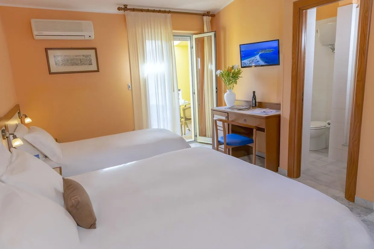Camera con due letti, scrivania, TV a parete e bagno privato attiguo