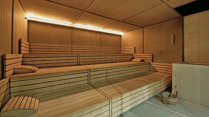 Sauna finlandese in legno con panche e illuminazione calda