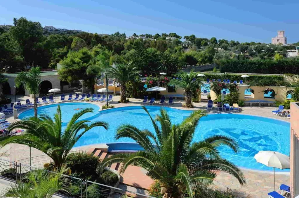 Vista panoramica della piscina circondata da palme e vegetazione con colline sullo sfondo