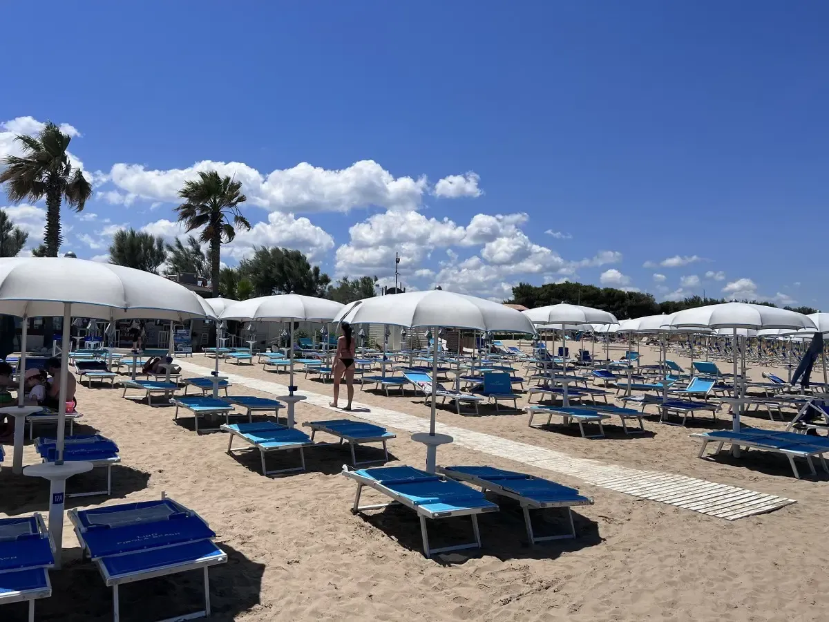 Stabilimento balneare con file di ombrelloni bianchi e lettini blu sulla sabbia con palme