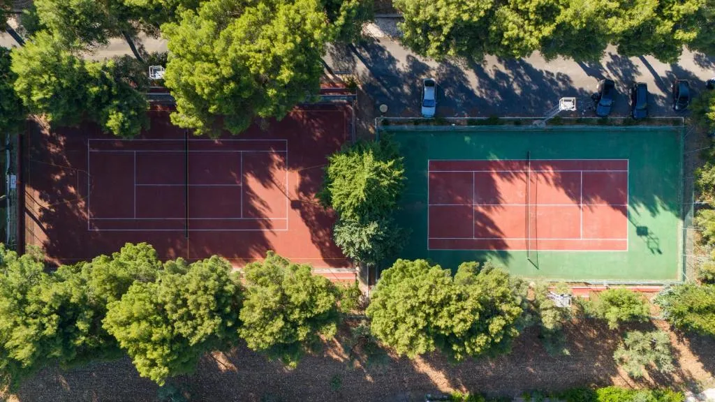 Vista aerea di due campi da tennis circondati da alberi