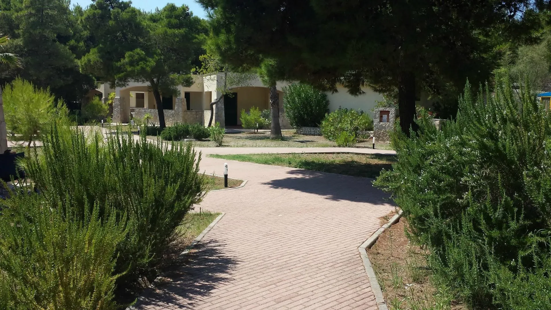 Vialetto in mattoni tra la vegetazione con bungalow del villaggio