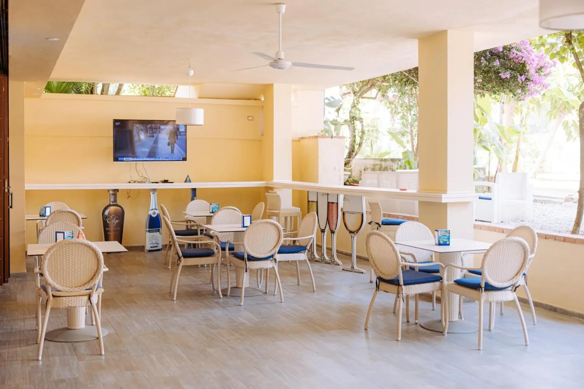 Sala bar interna con tavoli, sedie in rattan, TV e affaccio sul giardino fiorito