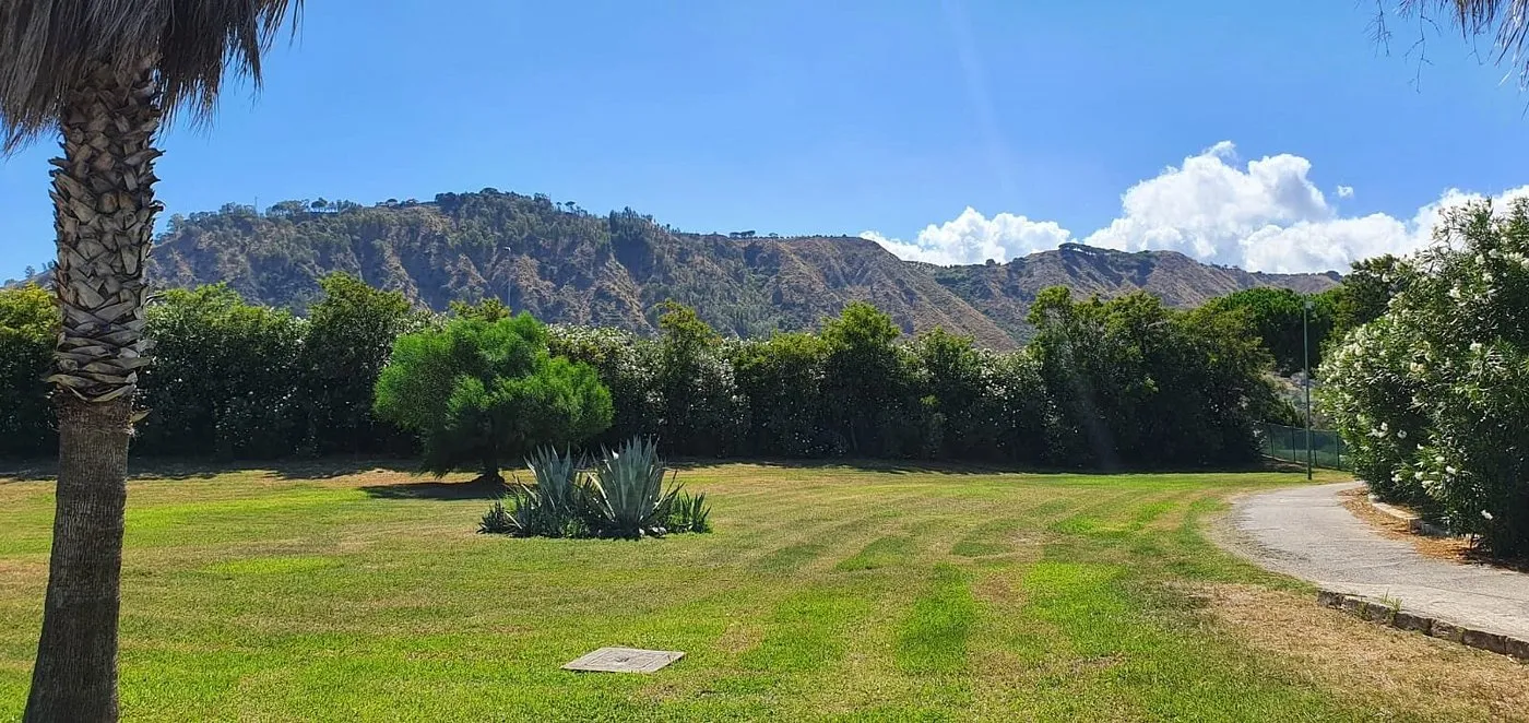 Giardino del resort con prato, palme e colline sullo sfondo