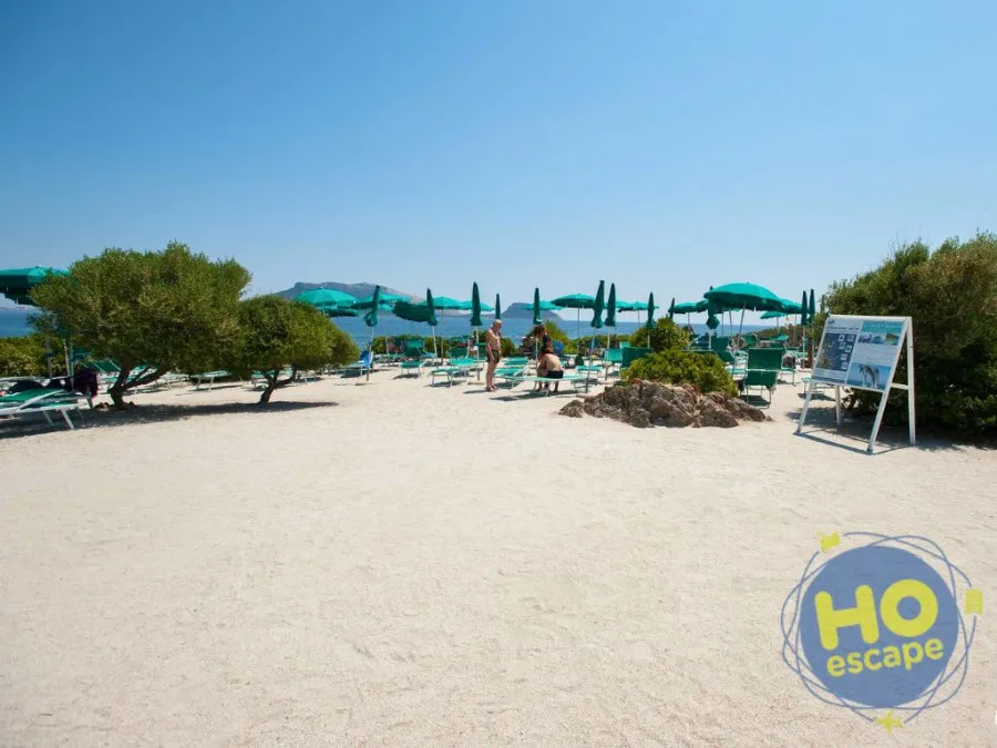 Spiaggia attrezzata con ombrelloni verdi, lettini e vegetazione mediterranea sotto un cielo azzurro