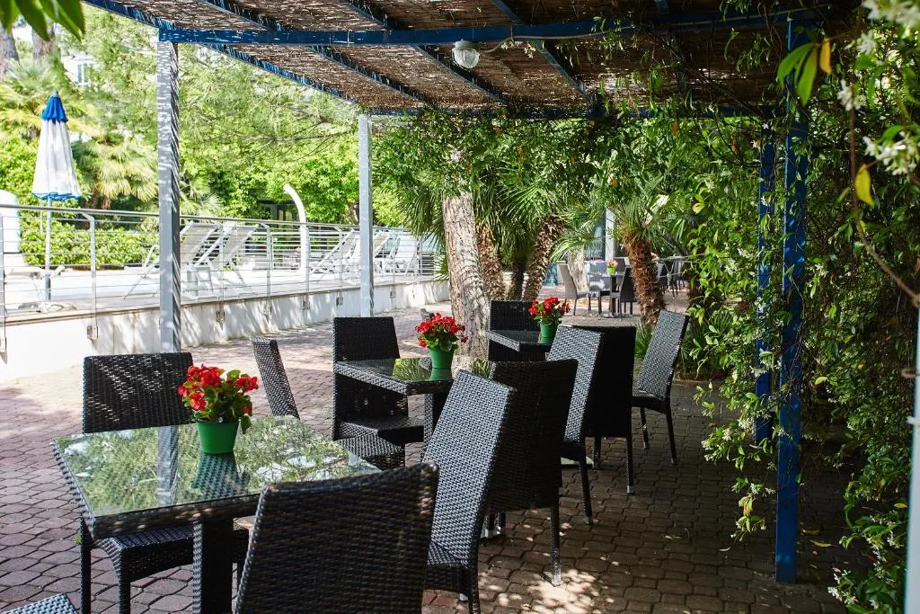 Terrazza esterna con tavoli, sedie in rattan e piante decorative