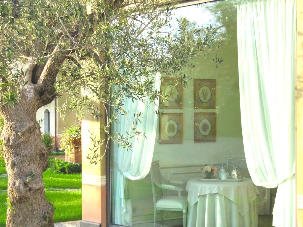 Vetrata vista dal giardino con ulivo, tende bianche e tavolino apparecchiato all'interno