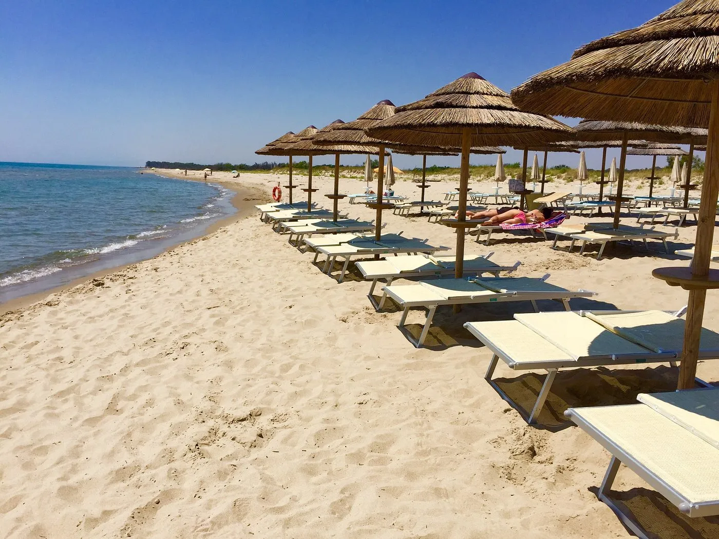 Spiaggia con file di lettini e ombrelloni in paglia lungo la riva del mare
