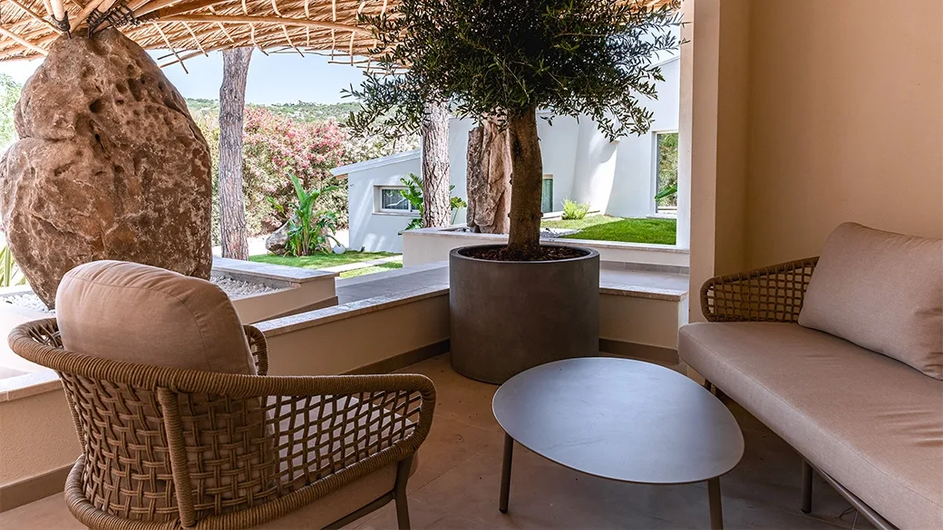 Veranda con divani in rattan, ulivo in vaso e vista sul giardino