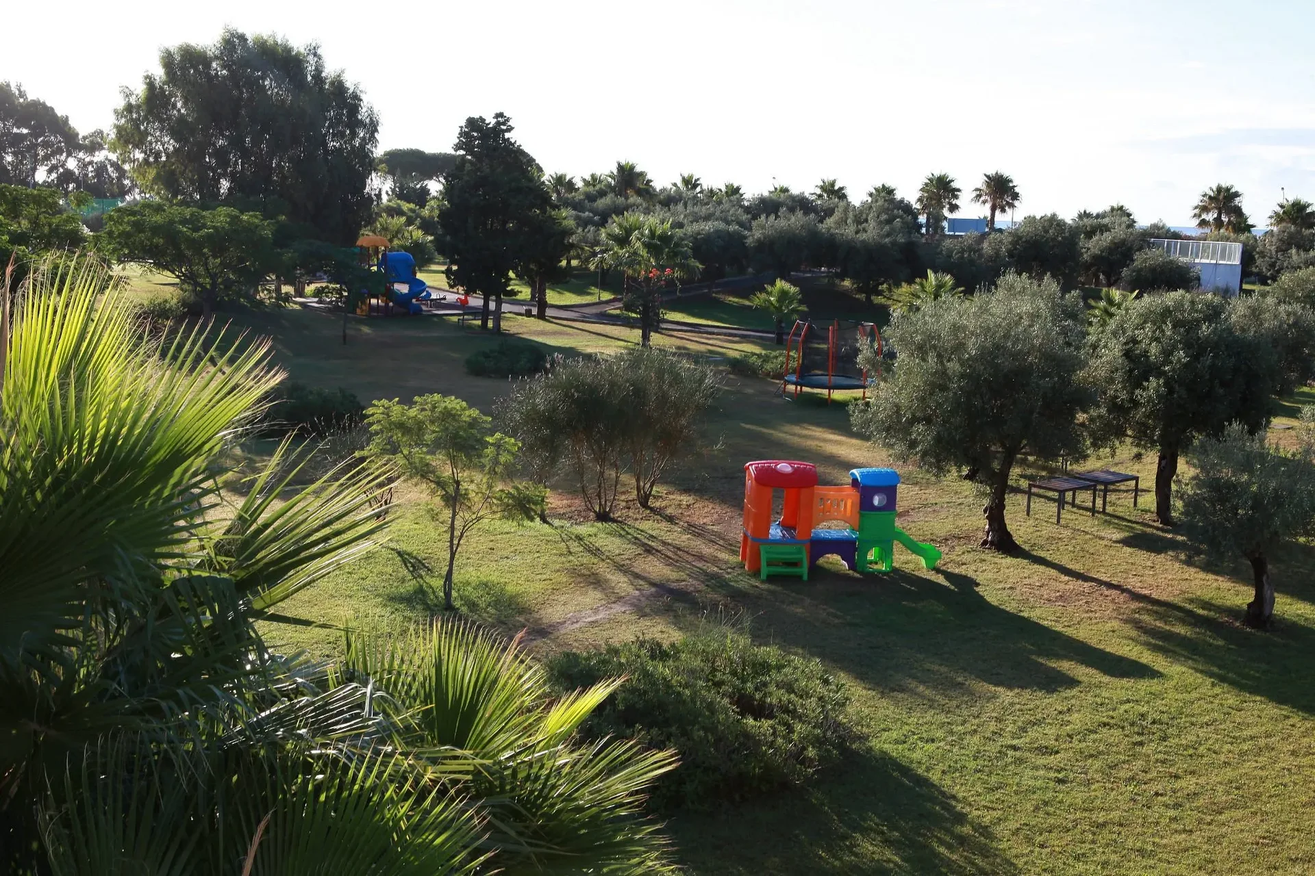 Area giochi per bambini nel parco verde con scivoli e giochi colorati tra gli ulivi