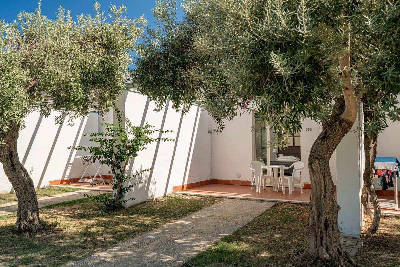 Patio esterno di una villetta con tavolo e sedie all'ombra degli ulivi
