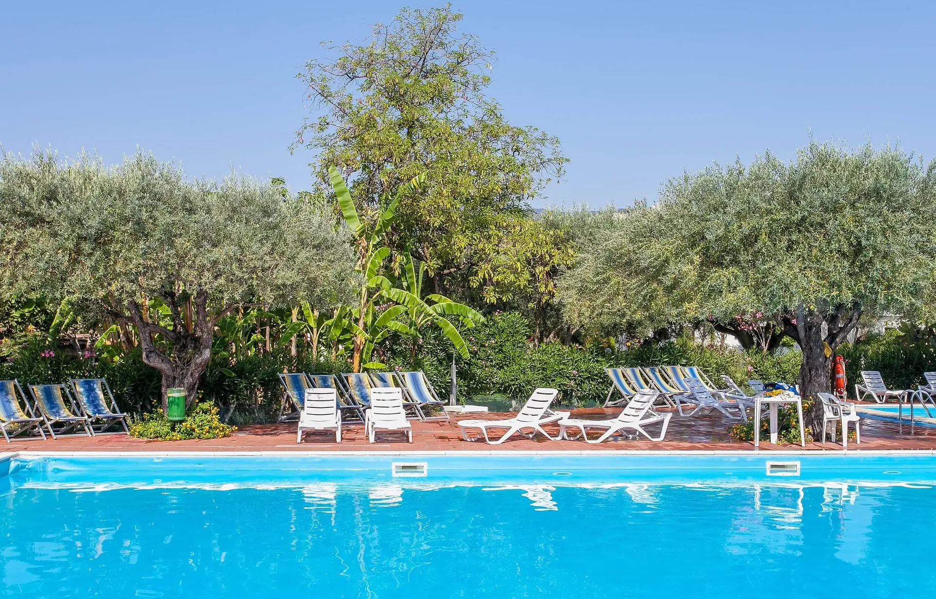 Piscina con lettini bianchi e sdraio a righe circondata da alberi verdi