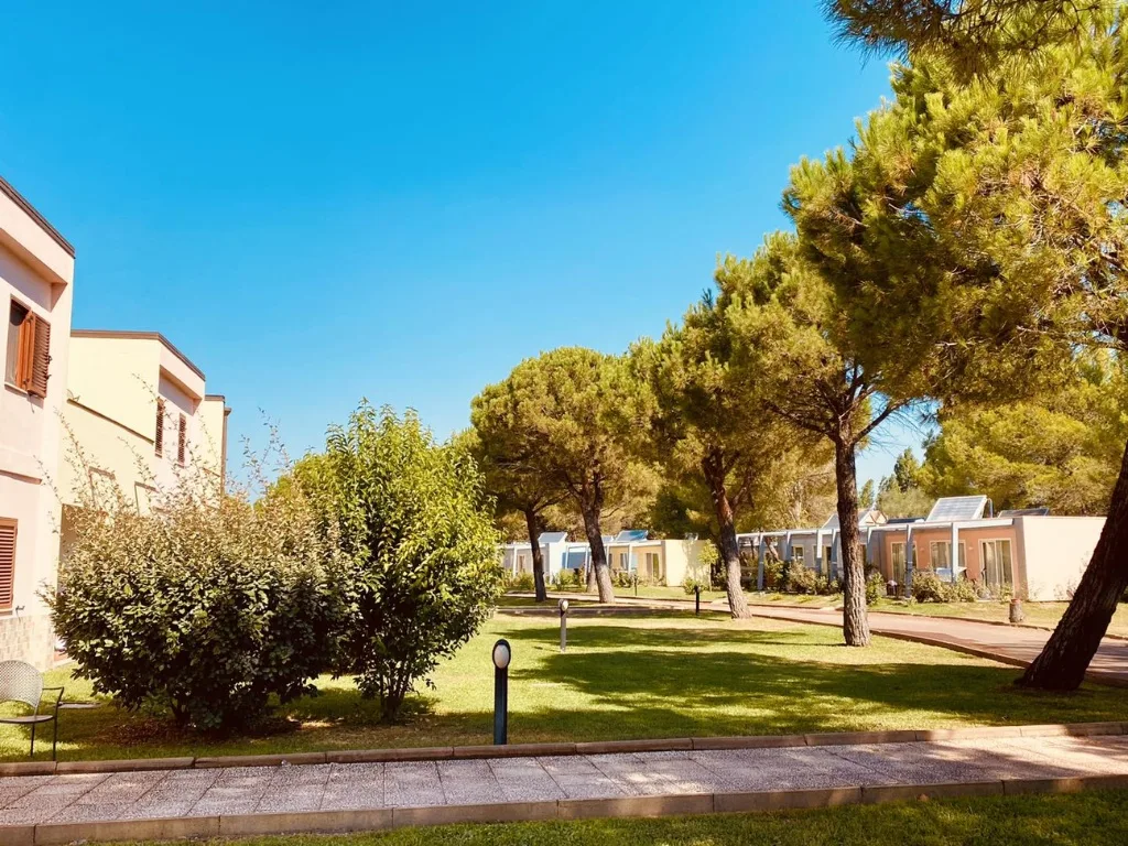 Giardino del resort con alberi, prato e bungalow