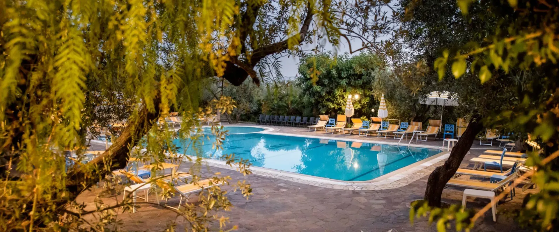 Piscina al crepuscolo immersa nel verde tra ulivi con lettini illuminati