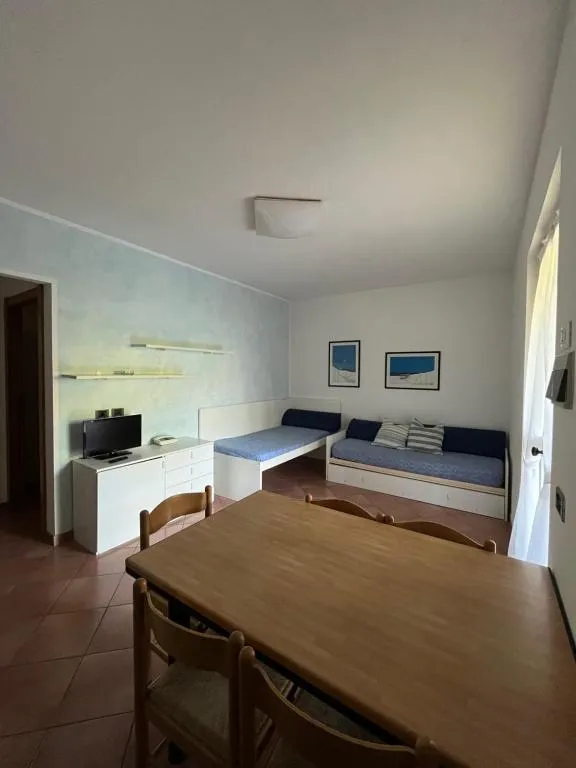 Soggiorno luminoso con divani, TV, scrivania e tavolo da pranzo in legno