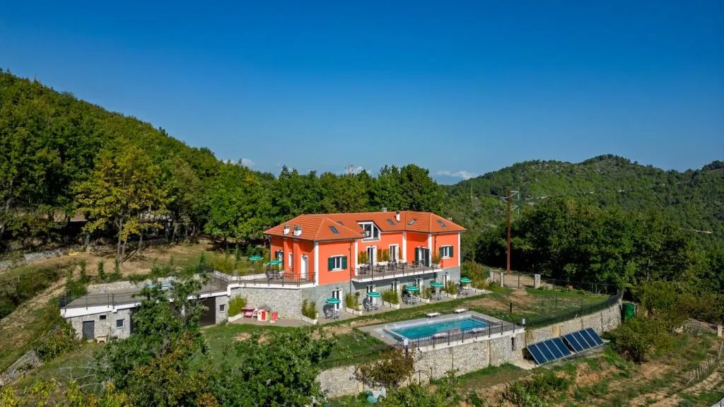 Vista aerea della villa con tetto rosso e piscina circondata da colline boscose